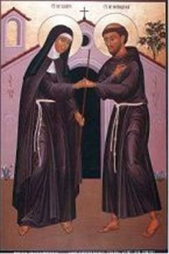 Medieval Picture of St Clare & St Francis in front of a church