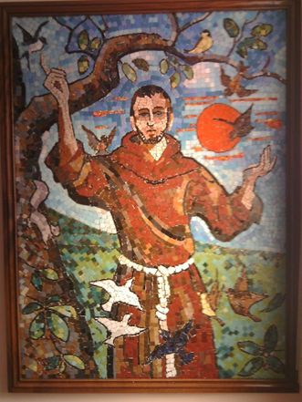 Mosaic of St Francis surrounded by birds